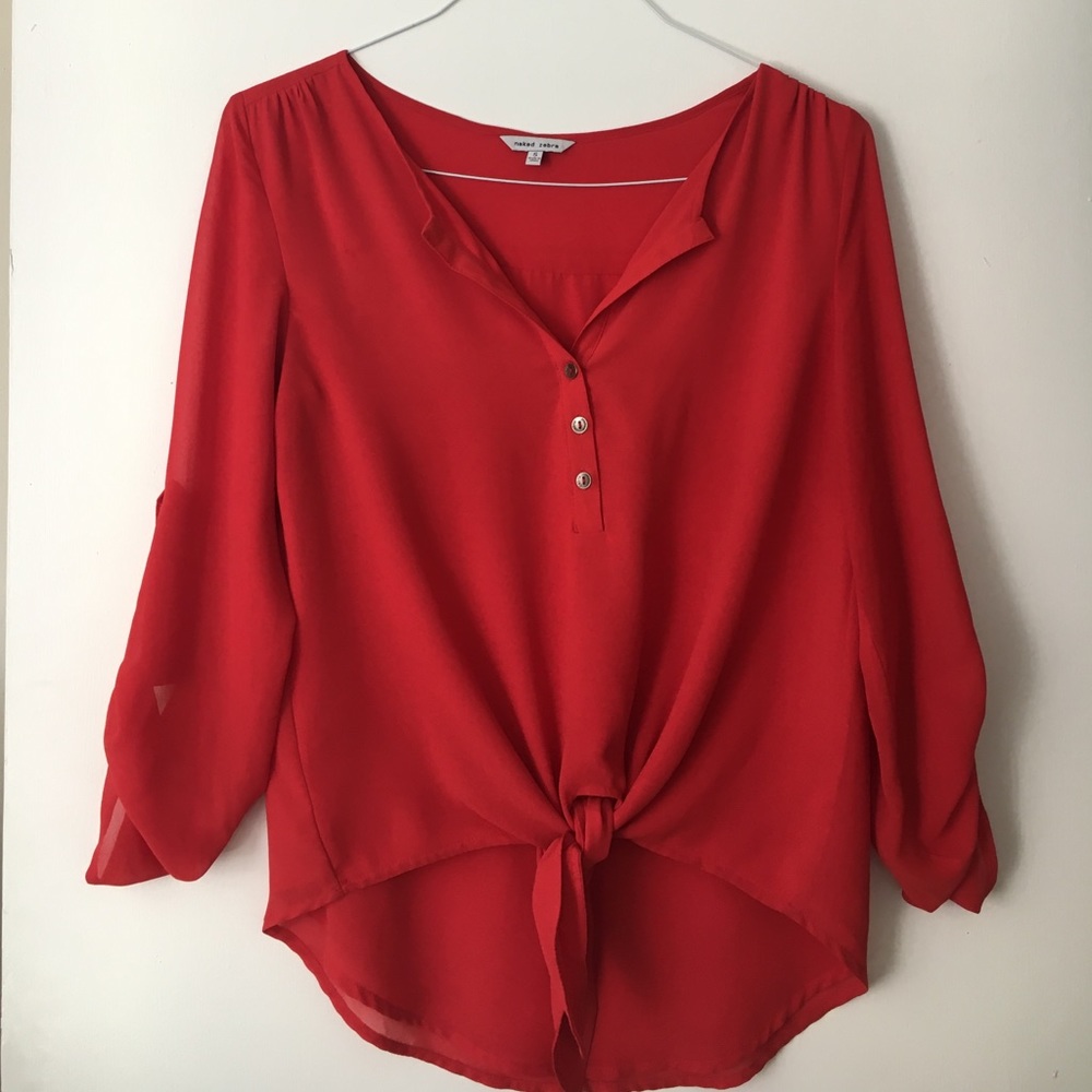 Red , tie front blouse