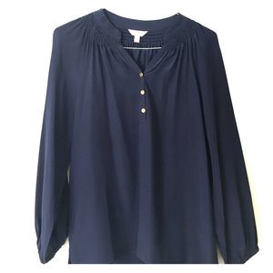 Blue, silk blouse with gold button details