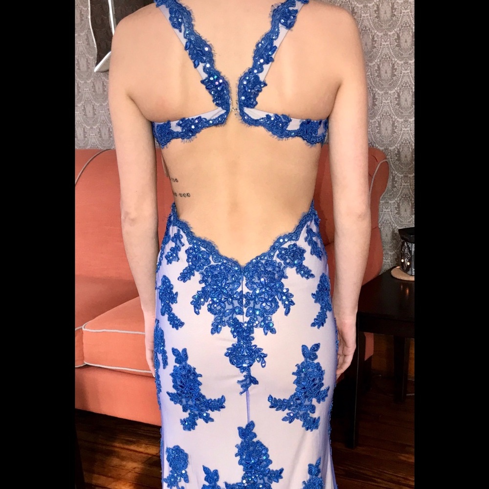 Blue open prom dress