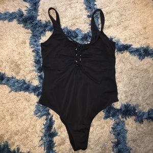 Black Lace Up One Piece Swimsuit