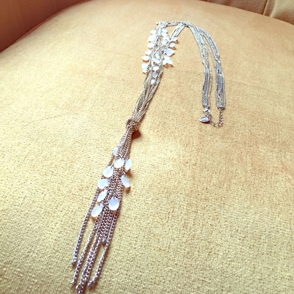 Gold and white stone, long, multi-chain necklace