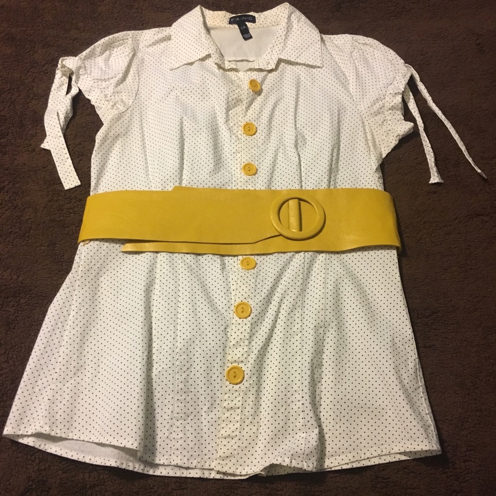 White button up tshirt with black polka dots