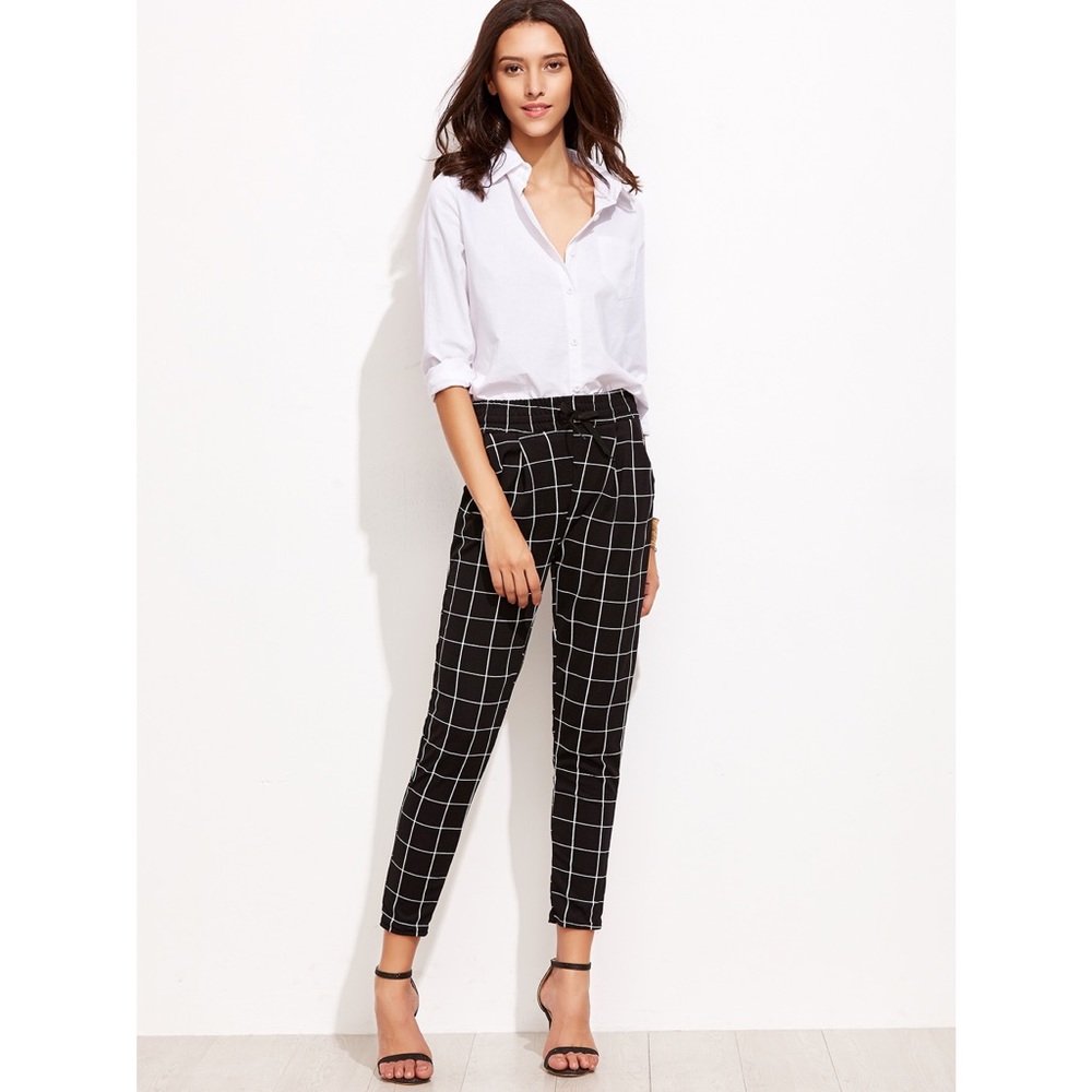 Black Grid Print Drawstring Pants
