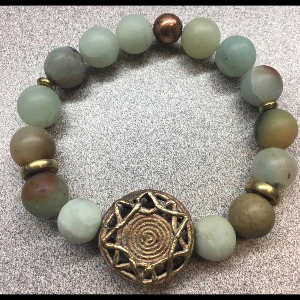 10mm Amazonite bracelet w African brass accents.