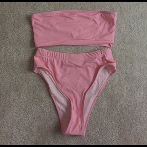 Pink two piece bikini with high waist bottoms