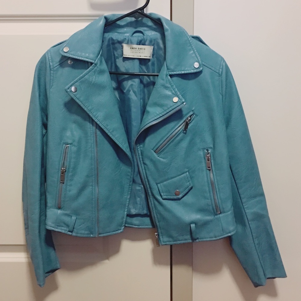 sky blue leather jacket