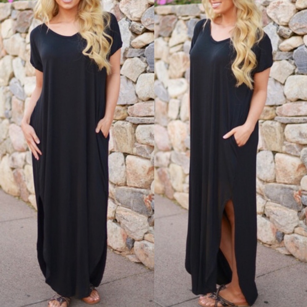 Cozy V neck pockets oversized Side Slit Maxi Dress - Picture 1 of 5