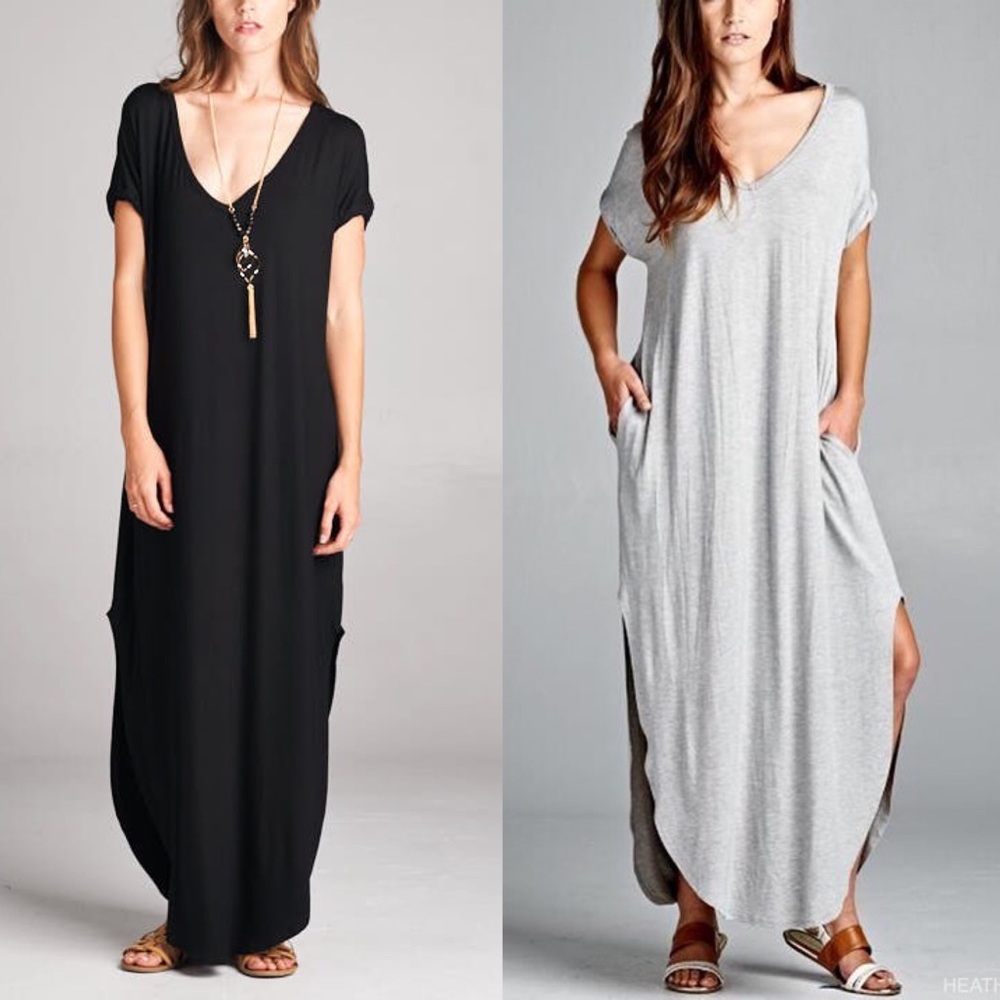 Cozy V neck pockets oversized Side Slit Maxi Dress - Picture 4 of 5