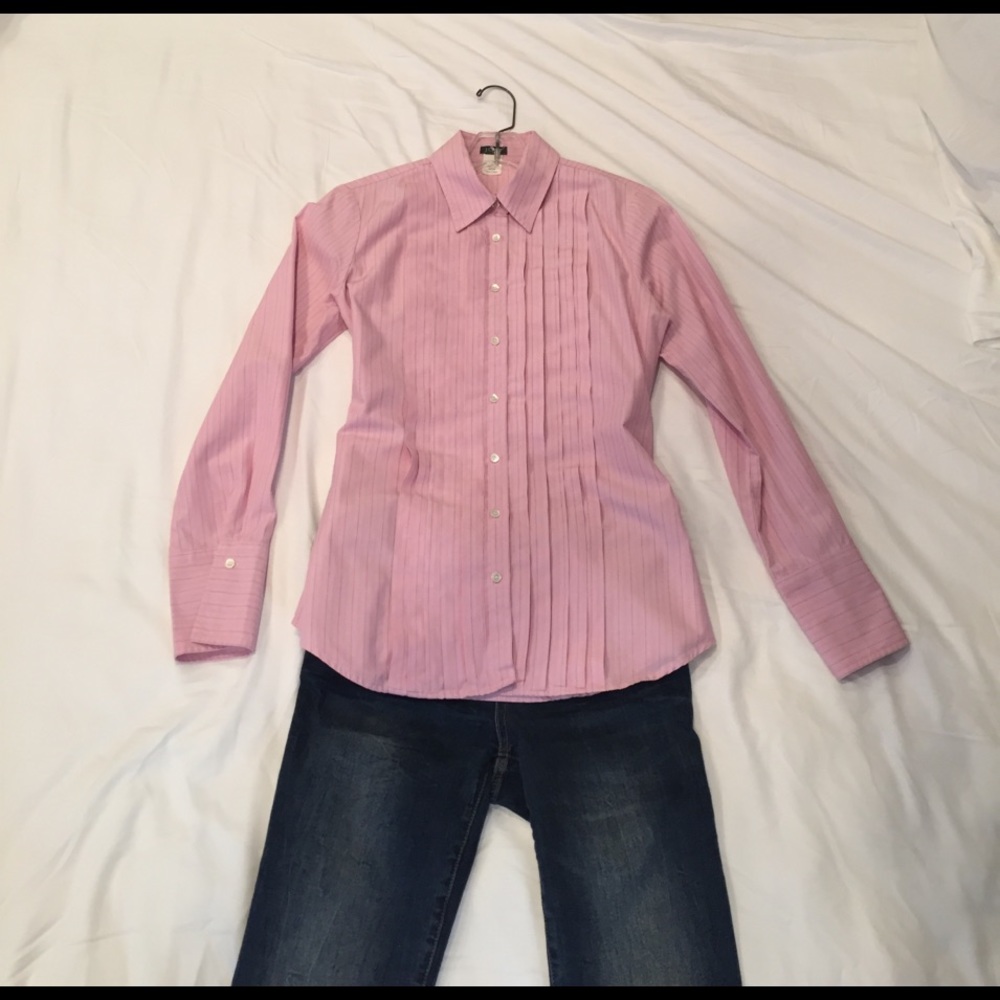 J CREW Pink Tuxedo Shirt w/Navy Pin Stripe-Small