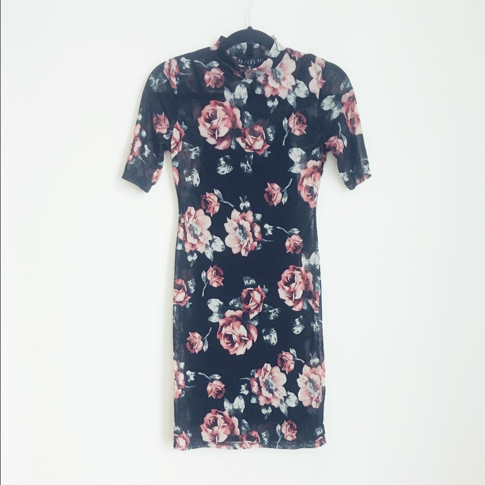 5⭐️"Retro Rose" Floral Printed Mesh Mockneck dress - Picture 4 of 8
