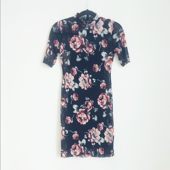 5⭐️"Retro Rose" Floral Printed Mesh Mockneck dress - Picture 4 of 8