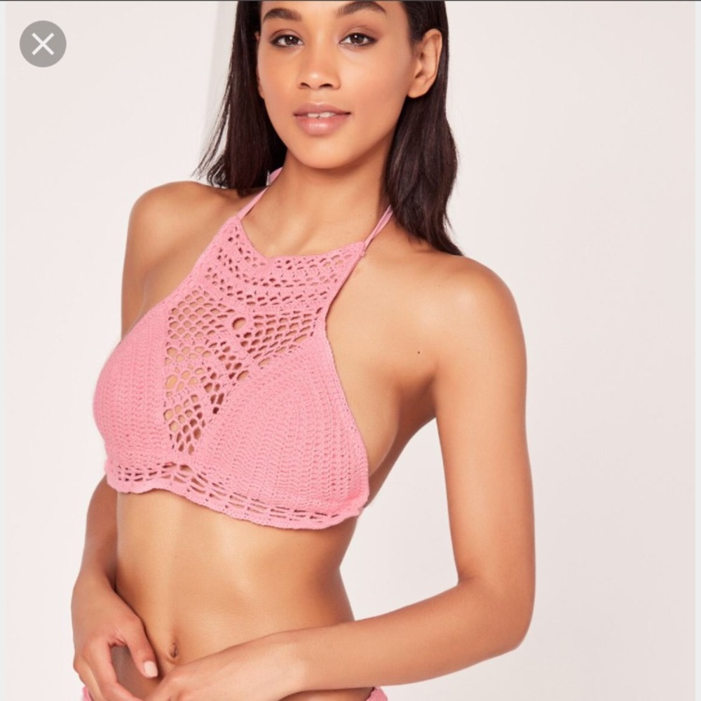 Pink Crochet Halter Bikini Top