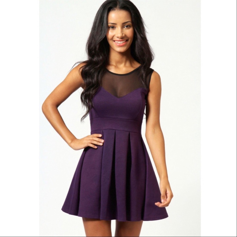 Purple Pleated Dress with Mesh Top