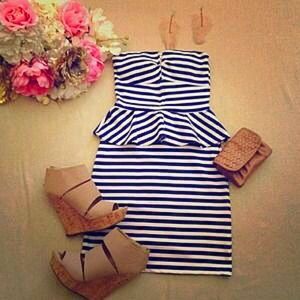 Blue White Striped Peplum Dress