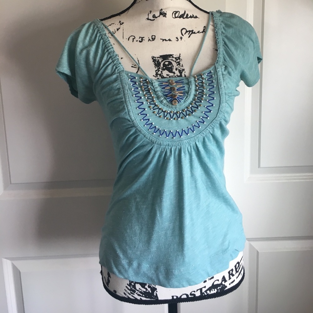 Anthropologie teal cotton top sz S