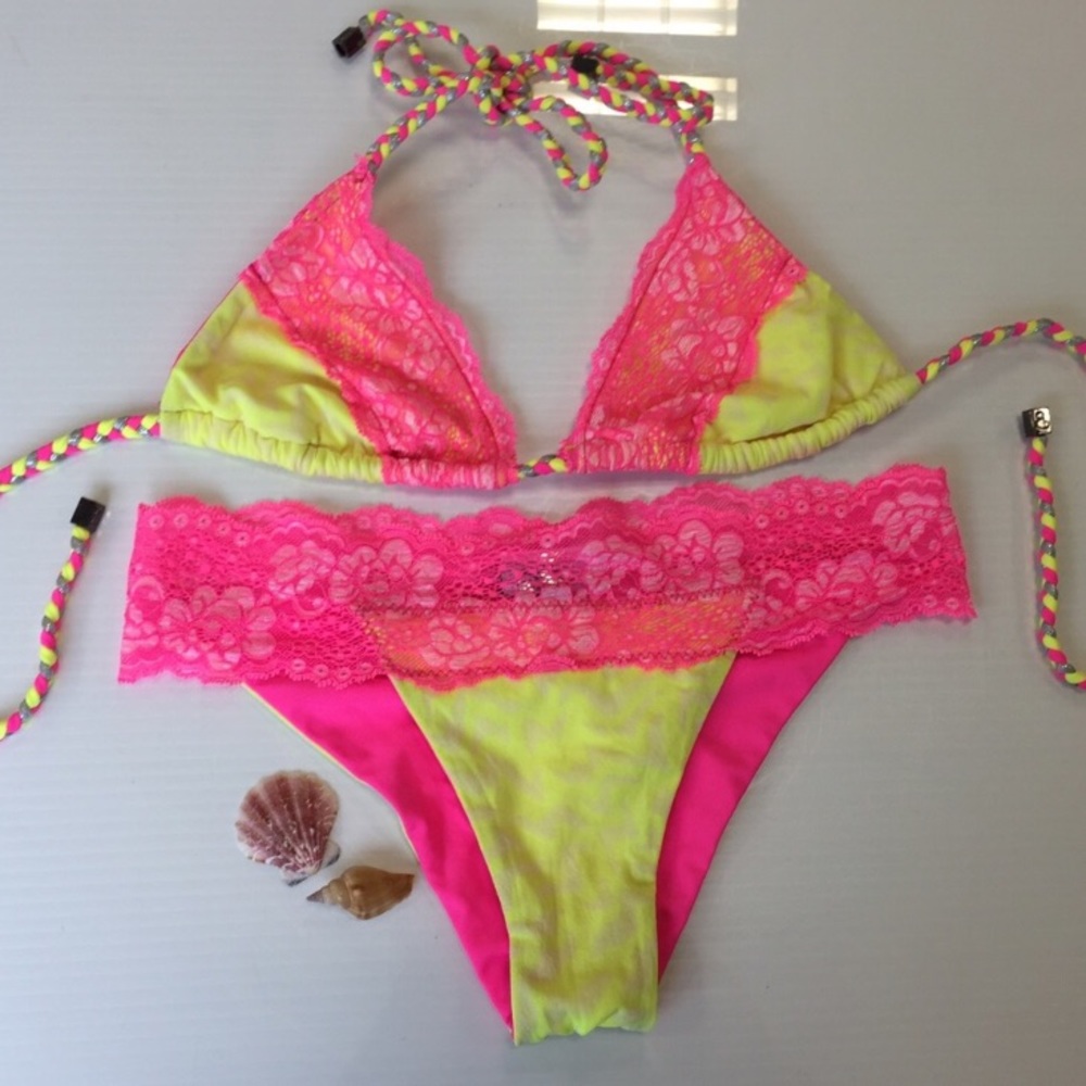 SOLD Beach Bunny neon pink lace bikini - Picture 1 of 3