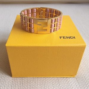 Fendi Pink Leather and Gold Logo Bracelet
