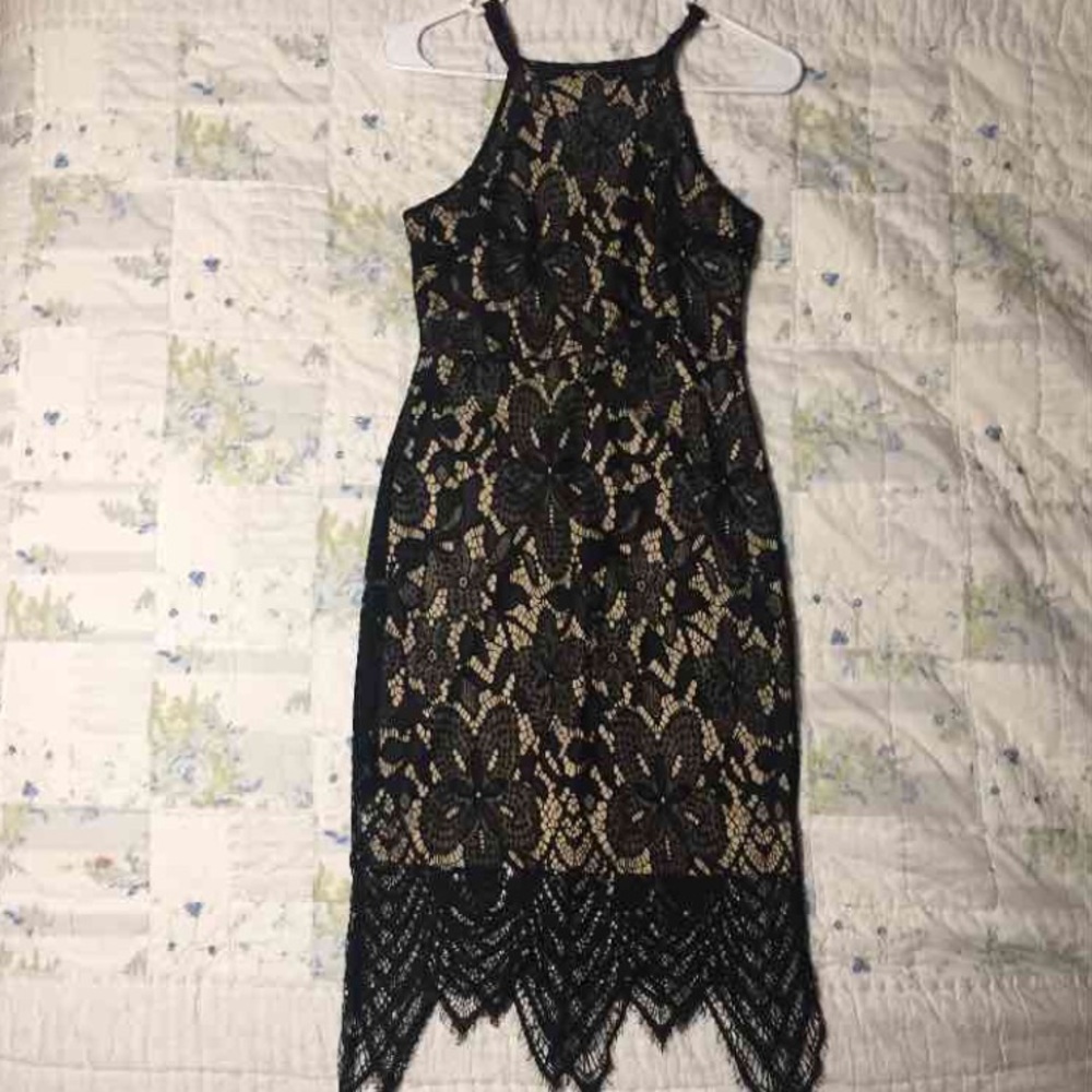 Black Floral Lace Halter Spaghetti Strap Dress