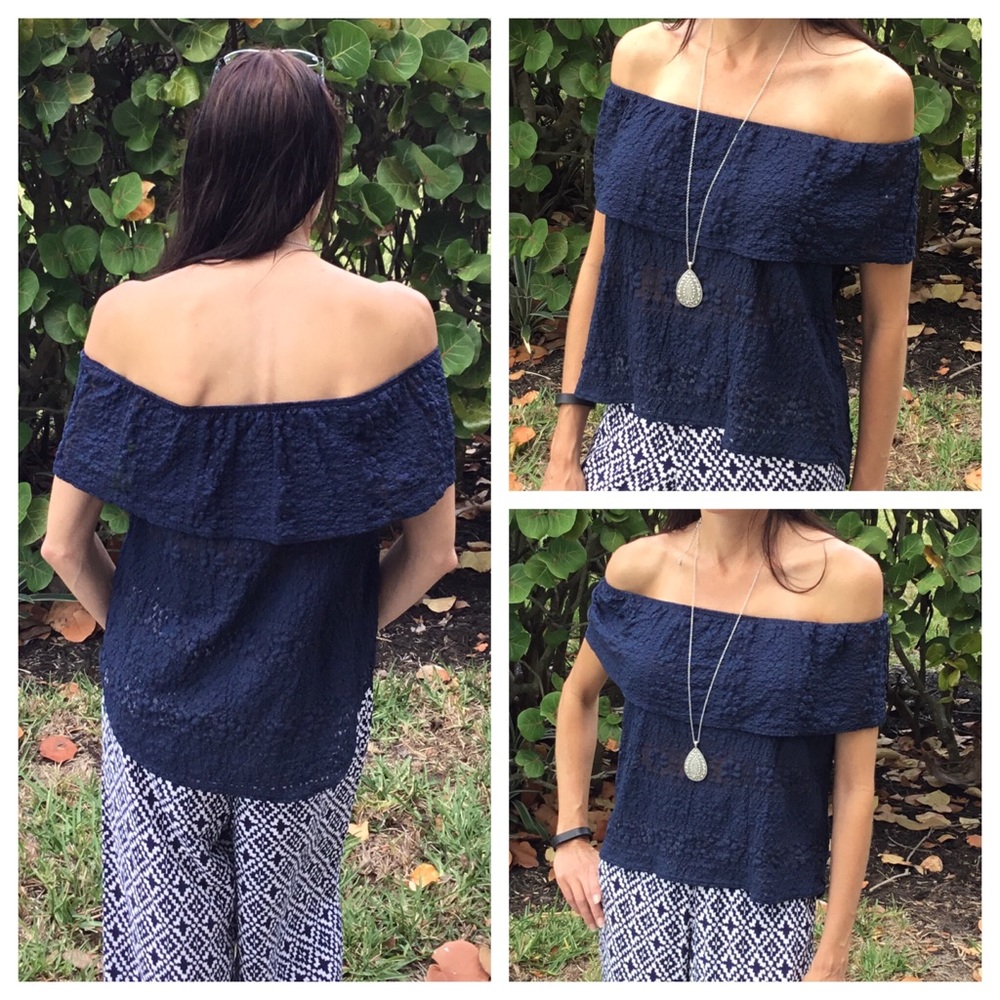 Off the Shoulder Navy Lace Blouse - Picture 3 of 3