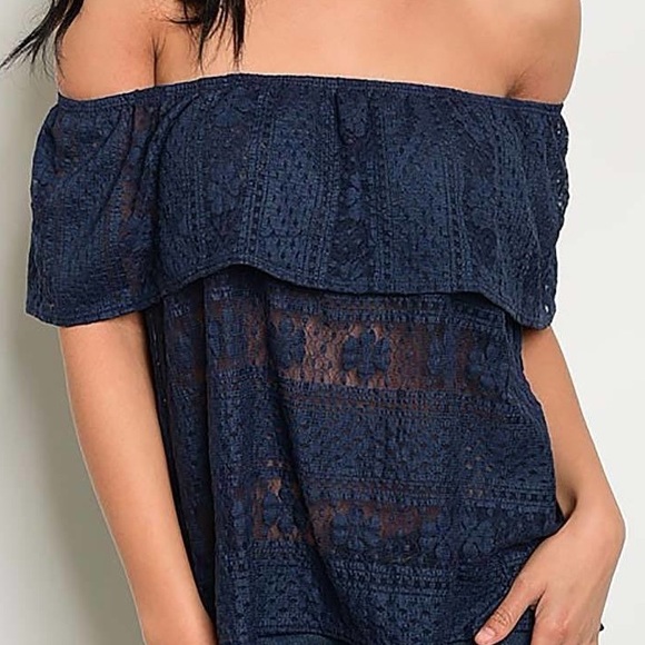 Off the Shoulder Navy Lace Blouse - Picture 2 of 3