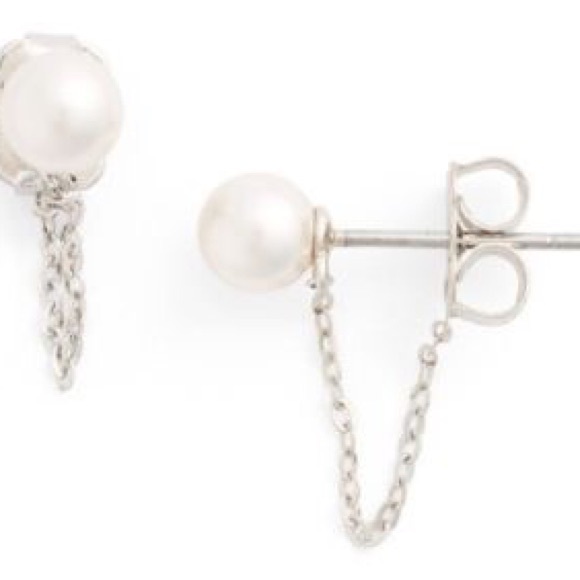 Nadri 💍Dainty Pearl Earrings Studs Silver Chain Bride Wedding Birthday Huggies - Picture 8 of 9