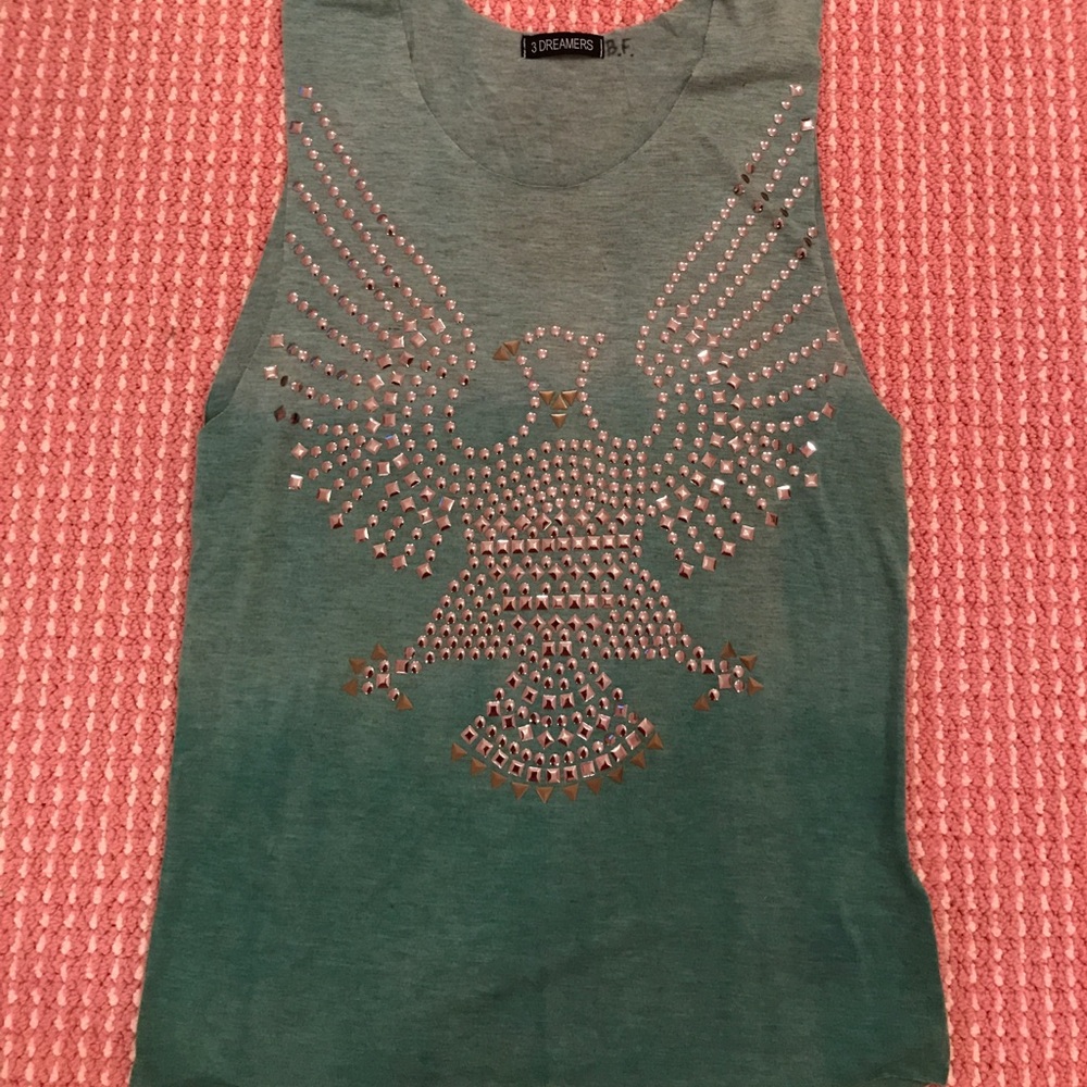 3 Dreamers Green silver studded eagle tank