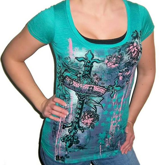 Daytrip Tops - New DAYTRIP Rhinestone Cross Top Shirt Daytrip Tops - New DAYTRIP Rhinestone Cross Top Shirt