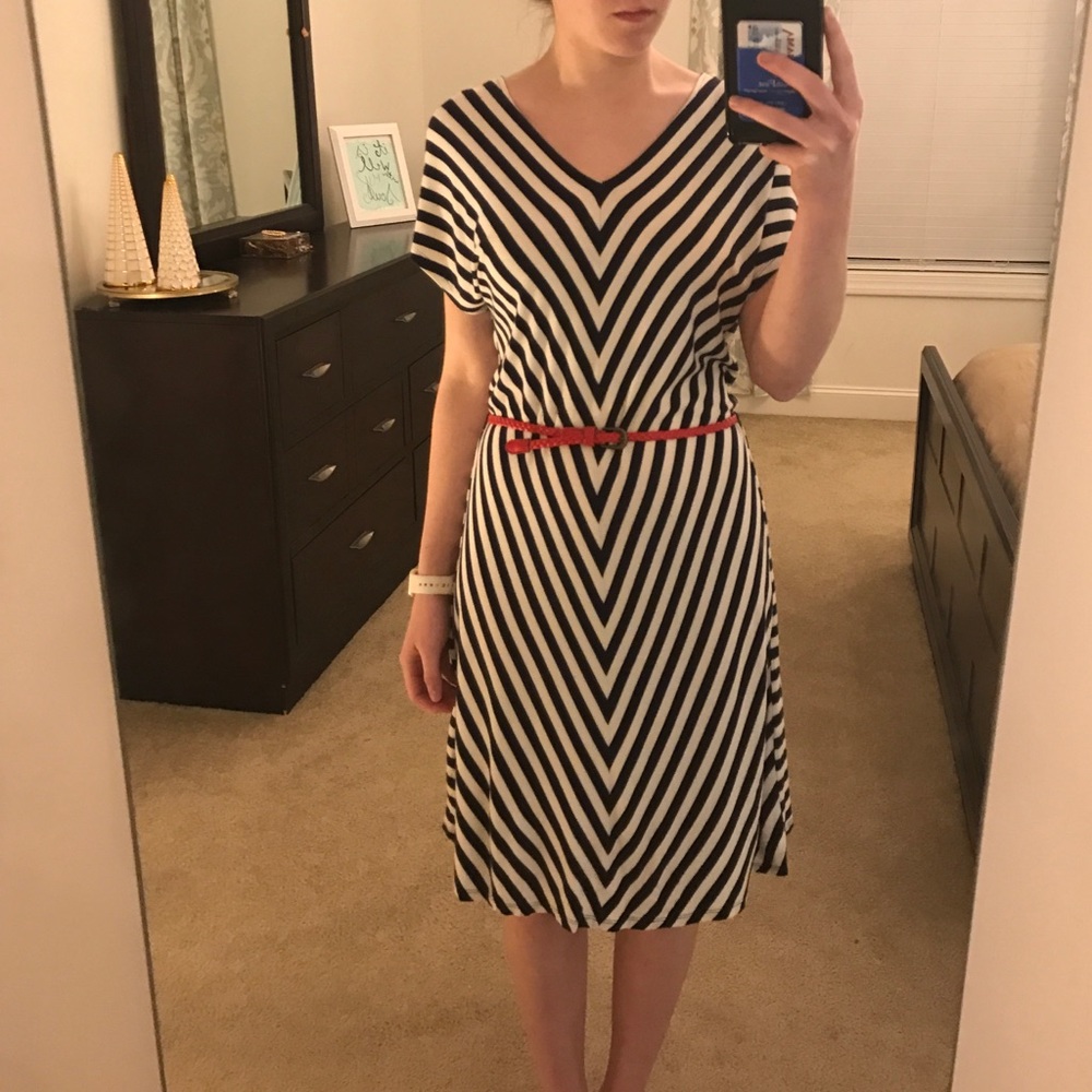Navy and White Chevron Dress with Red Belt