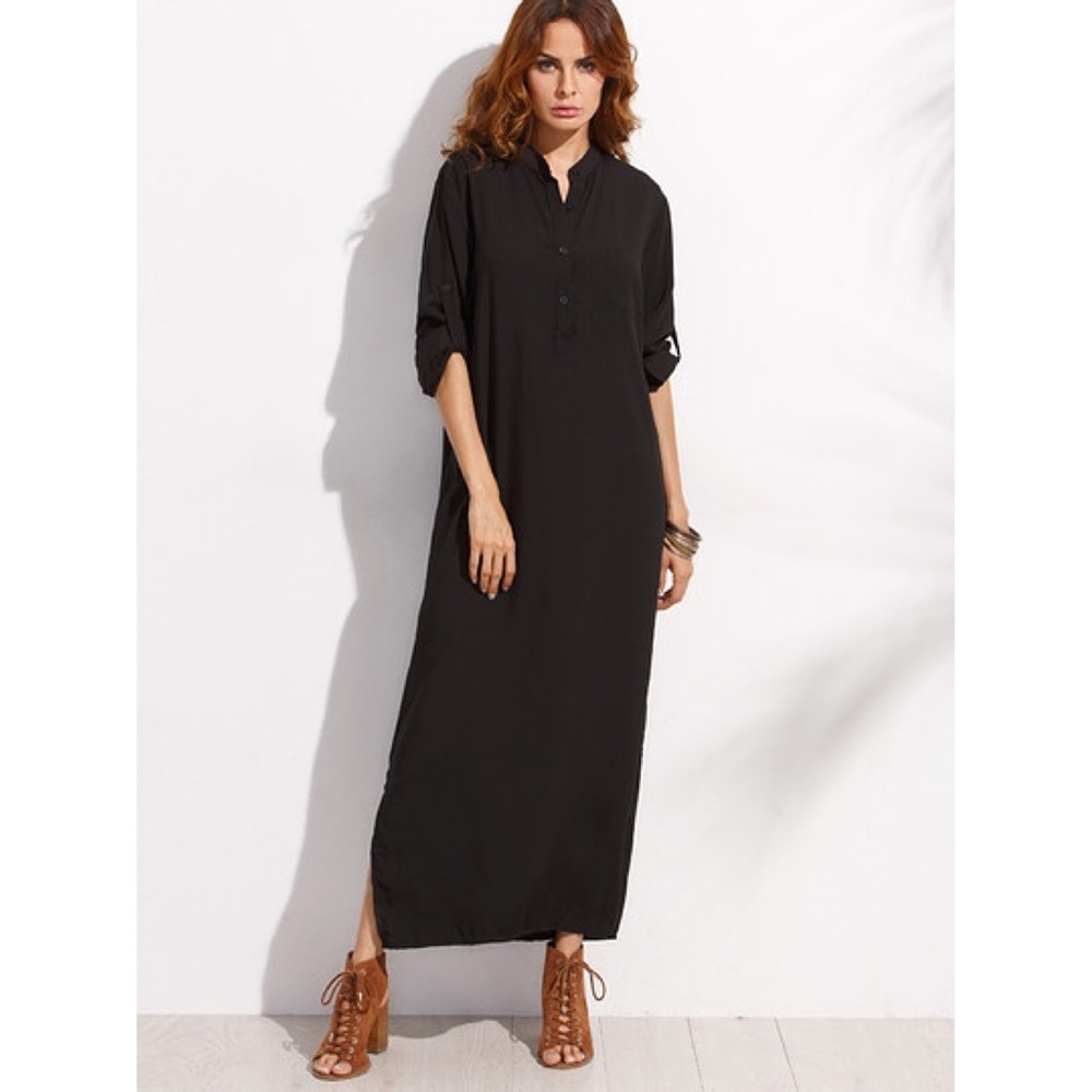Black Half Placket Roll Sleeve Shirt Dress