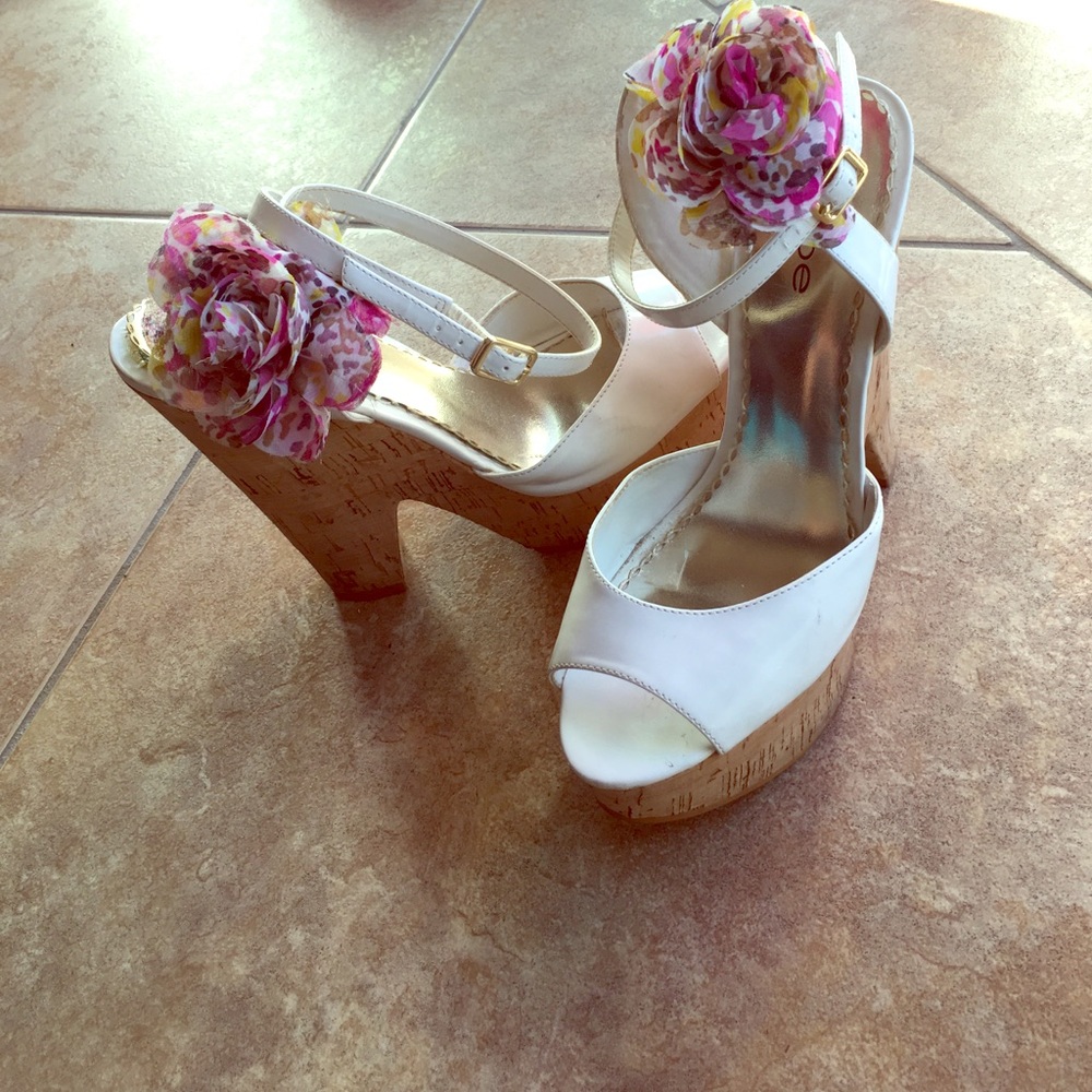 White platform ankle strap heels