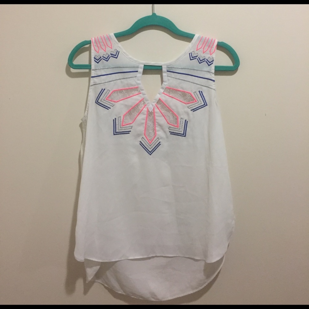 White chiffon & lace top with silver, blue & pink