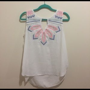 White chiffon & lace top with silver, blue & pink