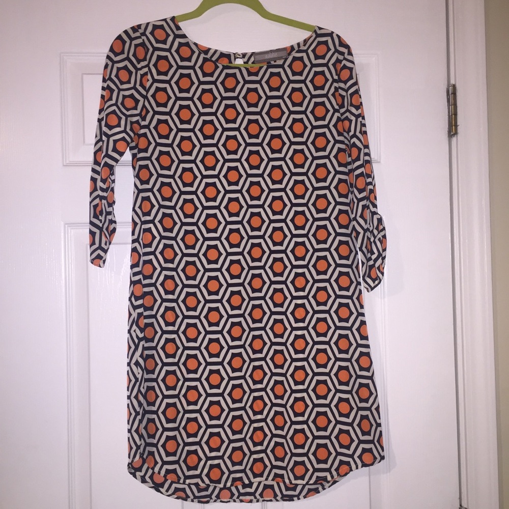 Addie Orange & Blue geometric pattern 3/4 dress