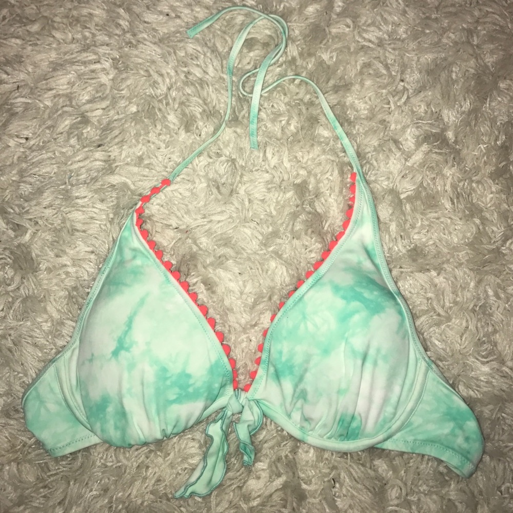 Blue tie dye with pink pom bikini top