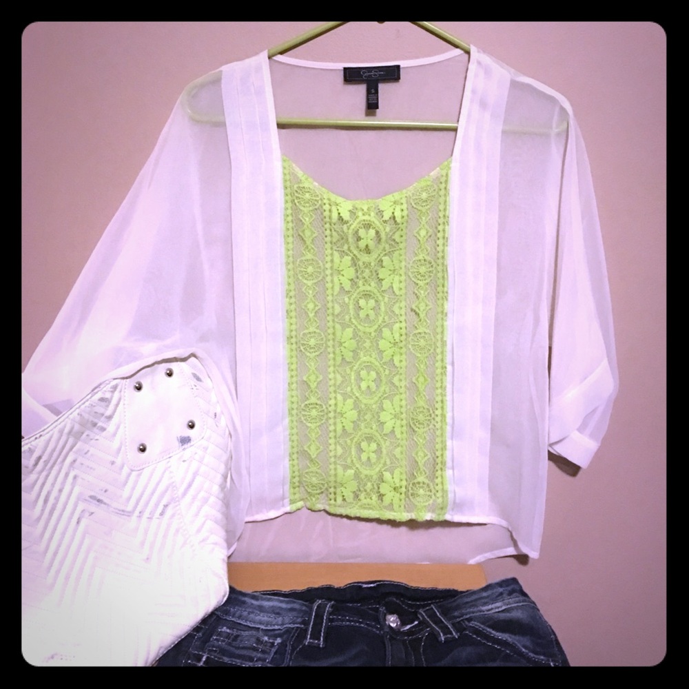 Jessica Simpson, Sheer Lime/cream, high-low blouse