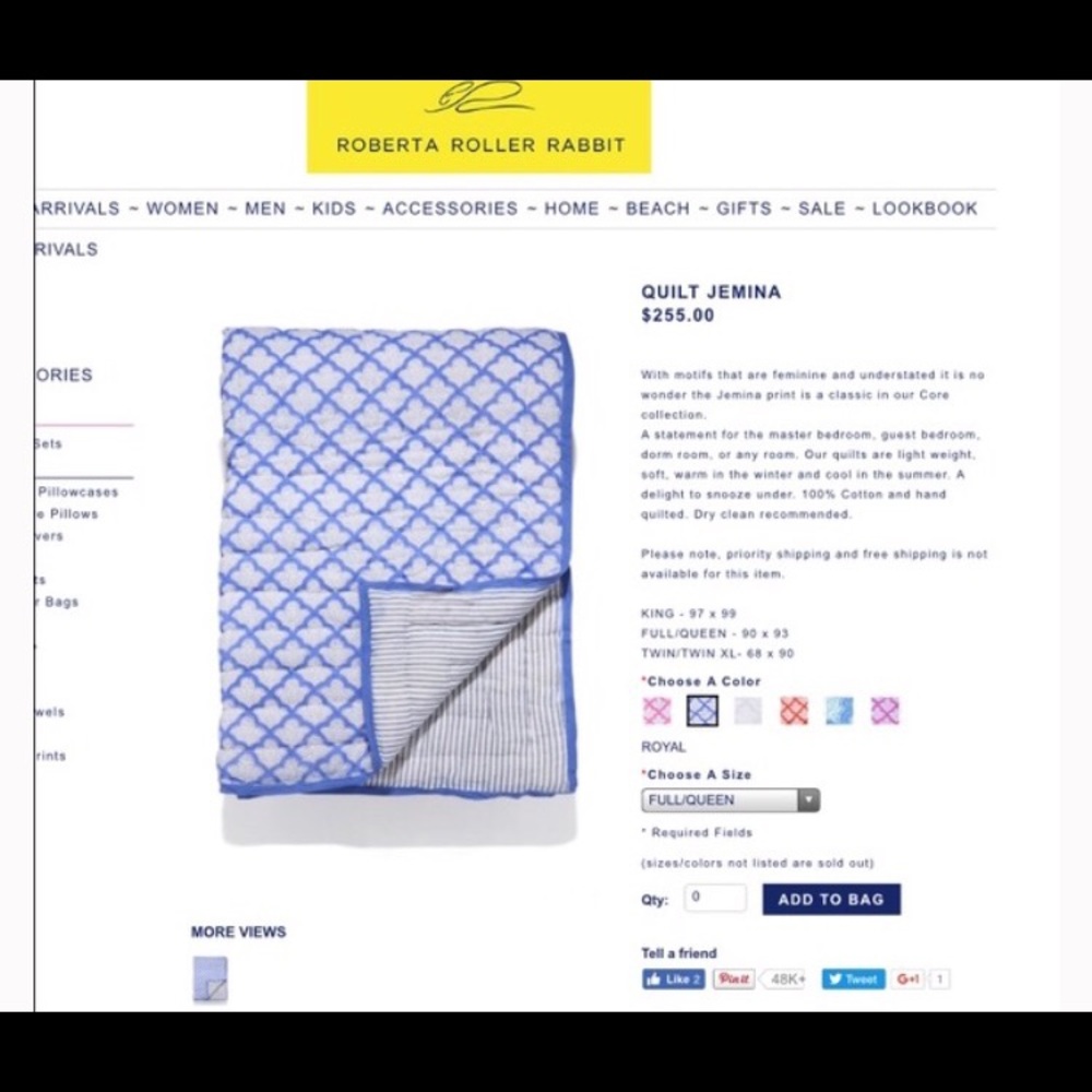 Roberta Roller Rabbit Jemina full / queen quilt