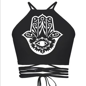 Hamsa Black Lace up crop top. One size fit US 0-6.