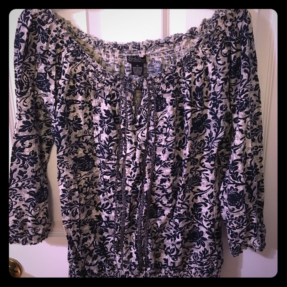 Women's navy and cream off shoulder top