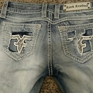 Destructed straight leg Rock Revival jeans.