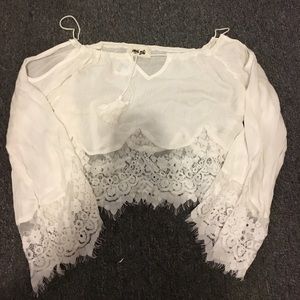 White lace open shouldered "crop" top
