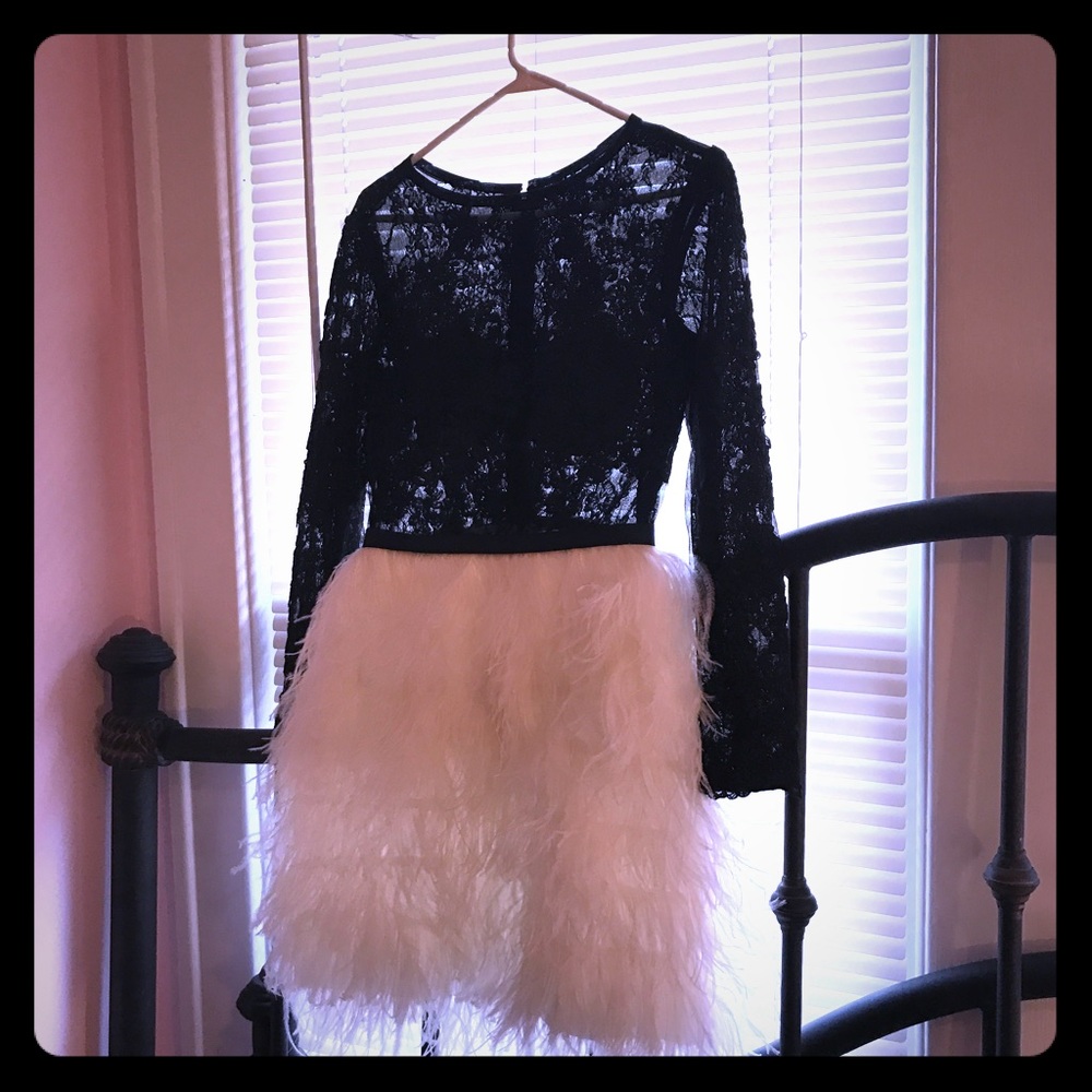 Repost Boutique Black Lace Ostrich feather dress