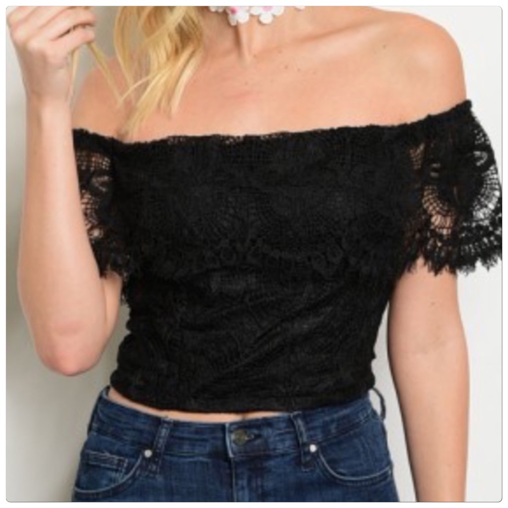 Black Off Shoulder Lace Fitted Top