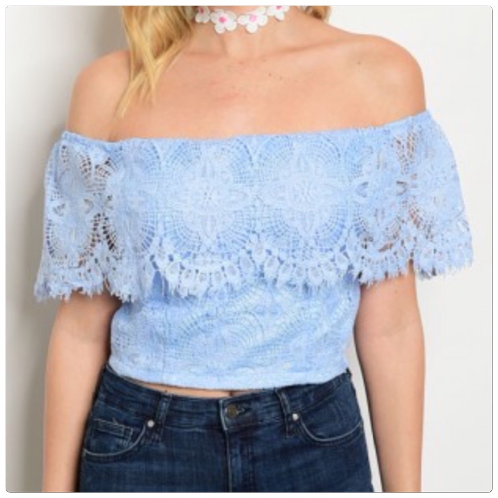 Blue Off Shoulder  Fitted Lace Top