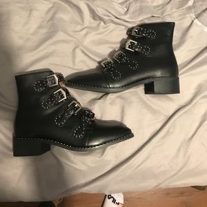 Studded buckle faux leather motorcycle ankle boots