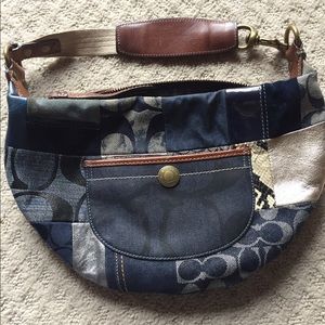 REPOST! Denim and silver mixed print coach bag