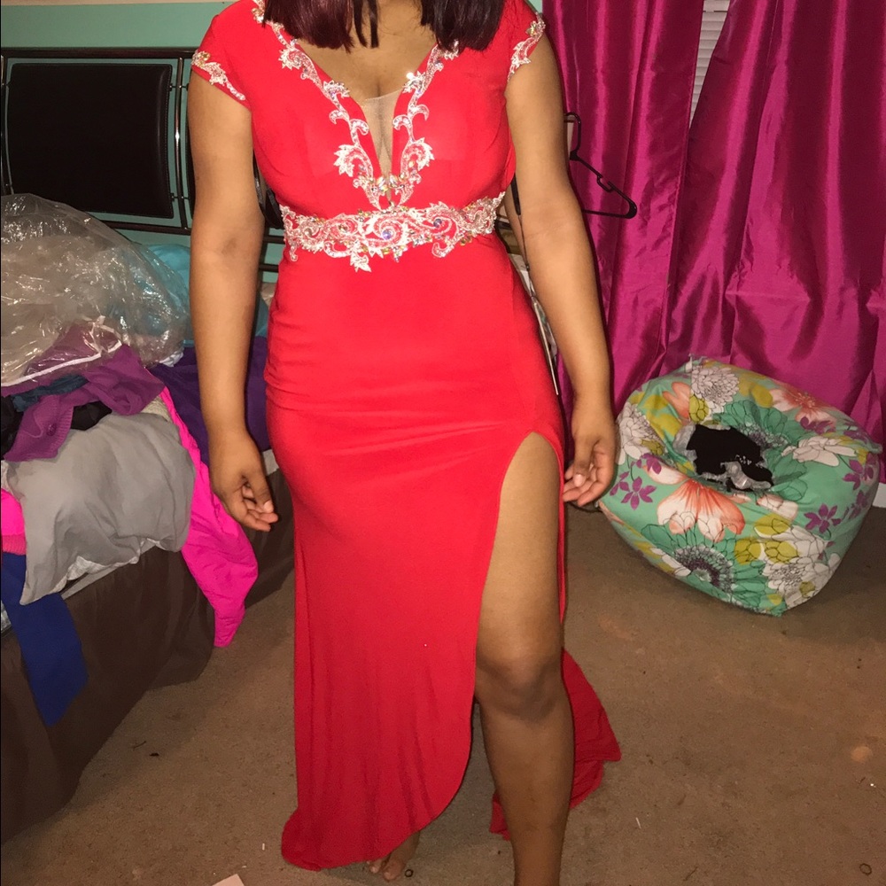 Red Alyce prom dress with slit