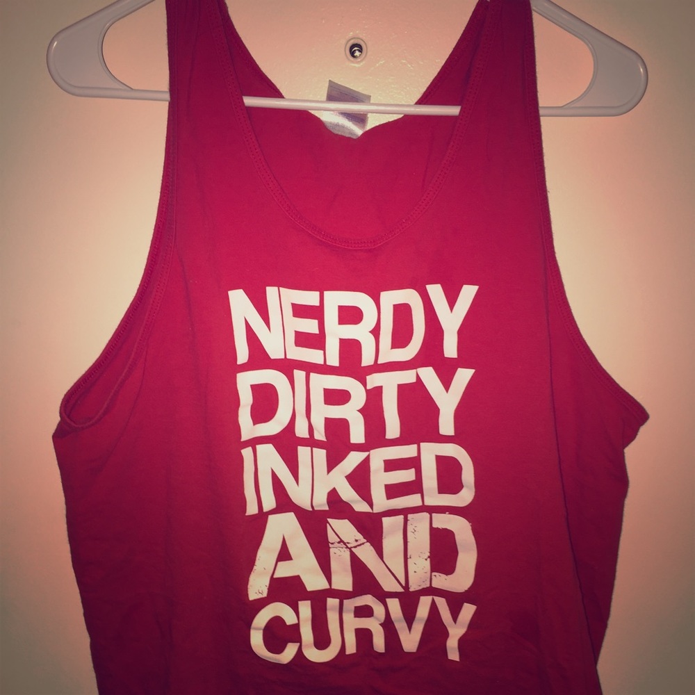 "Nerdy, dirty, inked and curvy" red tank top