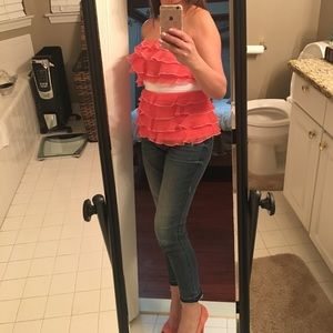 Bebe strapless top and Aldo shoes