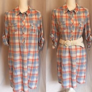 Orange and blue button down Plaid shirt dress