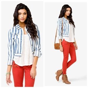 blue and white striped jean jacket